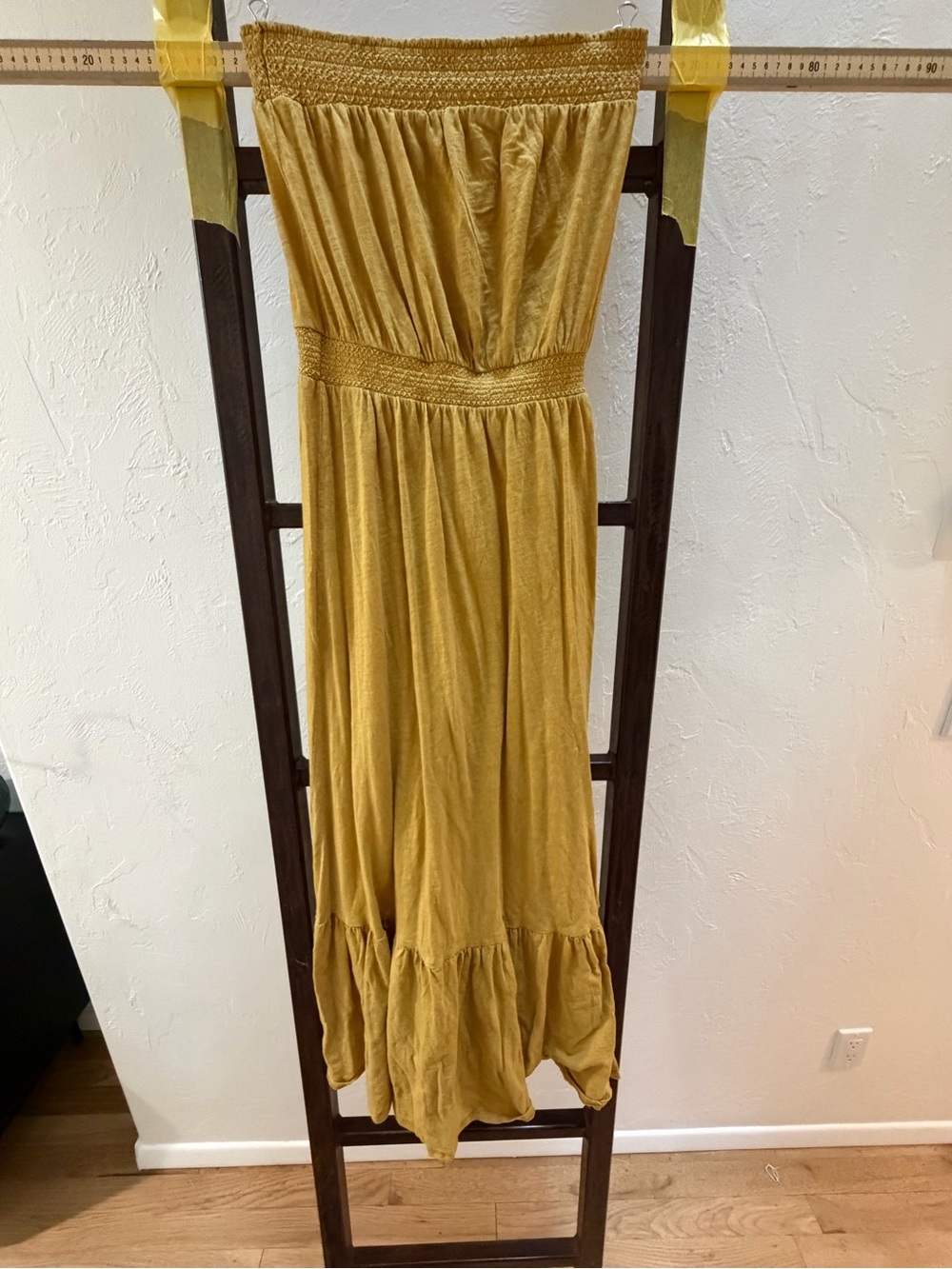 Strapless Mustard Yellow Maxi Dress with Smocked Bodice
